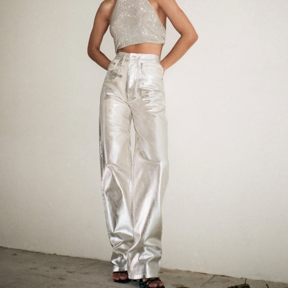 Zara Metallic Silver High-Waist Wide-Leg Jeans